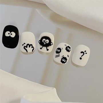 小煤球｜ins風短款手繪可愛卡通毛絨絨的煤球美甲純手工穿戴甲