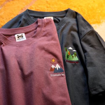 青山如錦雪山如緞 短袖日系刺繡上衣oversize寬松男女簡約t恤情侶