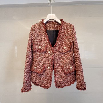 毛呢外套短版大衣-粗花呢流蘇V領小香風女外套73zg8【獨家進口】【米蘭精品】