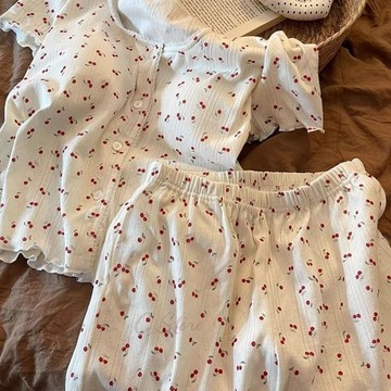 韓系ins風櫻桃印花睡衣 夏季薄款開衫 透氣休閒短袖短褲居家服 兩件套女生睡衣 居家睡衣 睡衣套裝 女生睡衣 韓國居家服