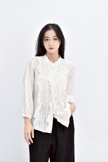 (L) lindarico刺繡點點透膚白色襯衫上衣