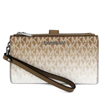 MICHAEL KORS Jet Set Travel 銀字Logo防刮漸層雙層拉鍊手提長夾(卡其咖)