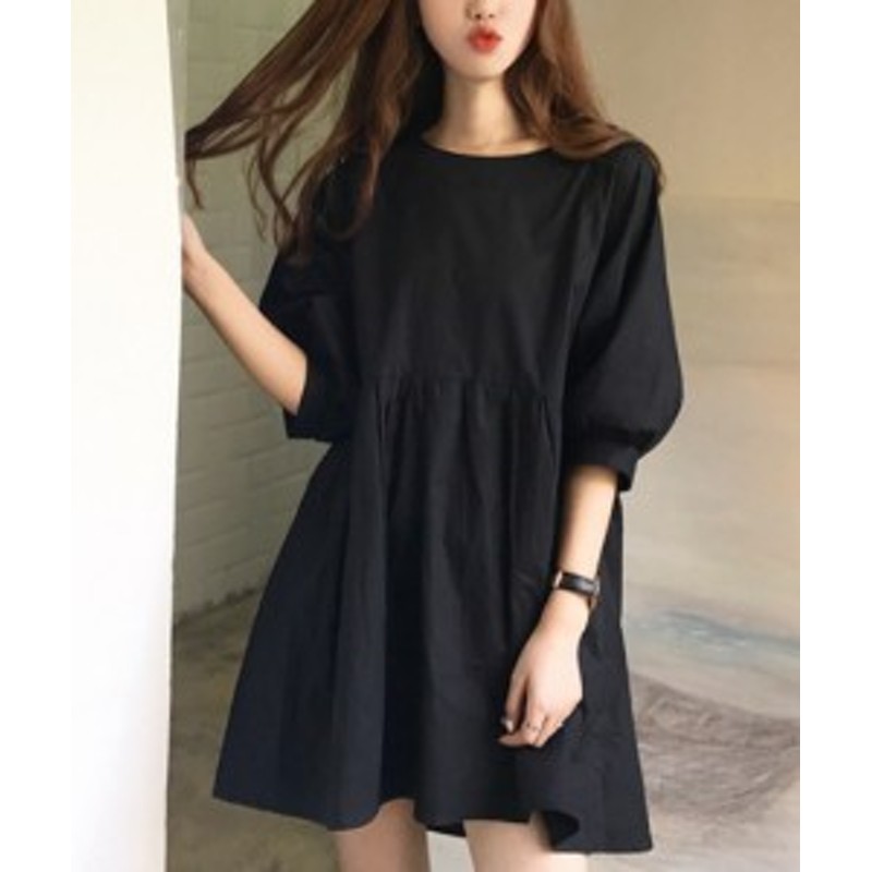 ミニワンピース ラウンドネック ショート丈 七分袖 バルーン袖 ゆったり Aライン 大人可愛い 春夏 無地 トレンド 黒 白 10代 代 30代 通販 Lineポイント最大1 0 Get Lineショッピング