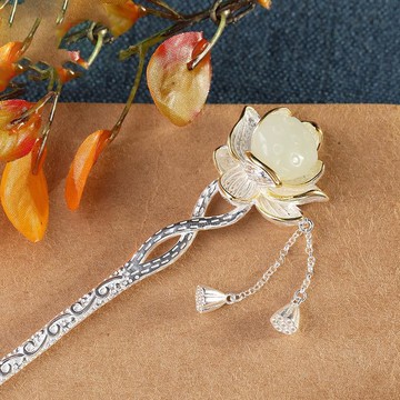 愛蓮說鍍銀分金白玉金蓮花玉簪子漢服頭飾發簪女士發飾優雅古典