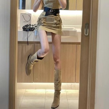 堆堆靴子女長筒靴2024夏季新款粗跟騎士靴西部牛仔靴中筒透氣長靴