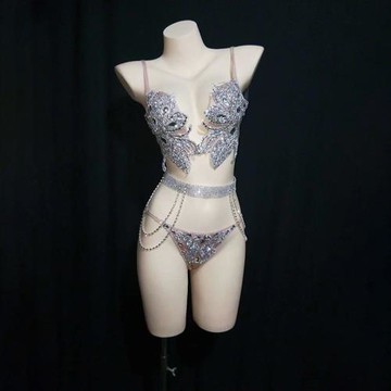 吊帶背心比基尼套裝女士歐美風輕奢水鉆印花夜店女鋼管舞DJ表演服