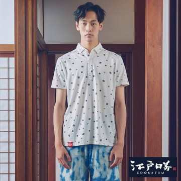 江戶勝 男裝 滿版印花POLO衫-米白色