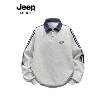 JEEP吉普美式三條杠翻領POLO衫衛衣男寬松秋季潮牌條紋情侶款上衣