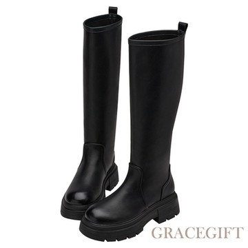 【Grace Gift】百搭人氣圓頭鬆糕厚底顯瘦長靴 黑