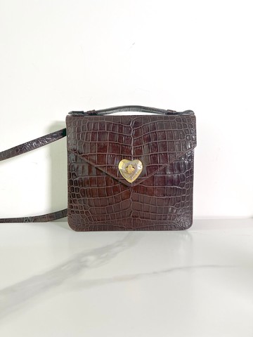 YSL 心心扣鱷魚紋啡色皮革手提袋側背袋側背包 日本中古二手