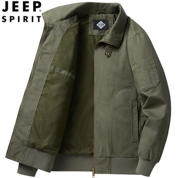 JEEP吉普翻領純棉夾克男裝2024春秋工裝多口袋中老年短款上衣外套