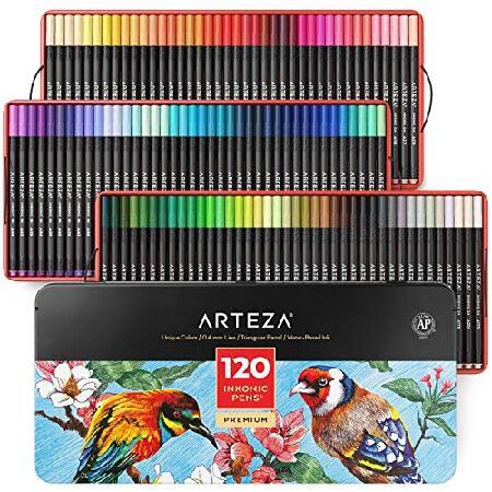 Arteza Fineliner Fine Point Pens, Set of 120 Fine Tip Markers with Color Numbers, 0.4mm Tips, Ergonomic Barrels, Brilliant Assorted Colors for Colorin