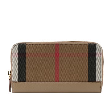 BURBERRY 格紋拼皮革ㄇ型拉鍊長夾/栗子色
