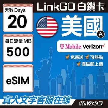 LinkGO白鑽卡  美國A eSIM卡 20天上網卡 每日500MB 高速流量(美國網卡 舊金山 洛杉磯 紐約 西雅圖)