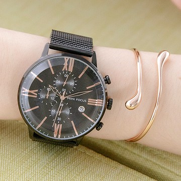 MINIFOCUS盛夏光年真三眼日期顯示羅馬刻字大錶面金屬米蘭鍊帶手錶【WMF0236】-黑面黑帶