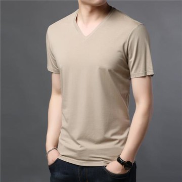 夏季新款男士短袖t恤莫代爾純色V領冰絲薄中青年休閑棉體恤衫上衣