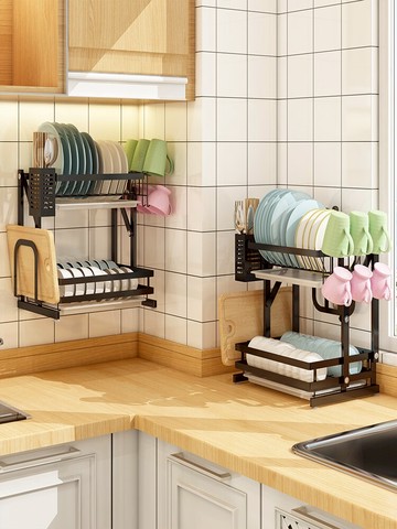 廚房免打孔壁掛雙層碗碟置物架臺面免安裝可折疊晾碗筷瀝水收納架【摩可美家】