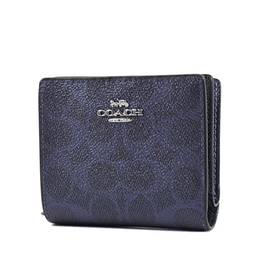 COACH 緹花LOGO防刮皮革釦式拉鍊袋短夾-海軍藍