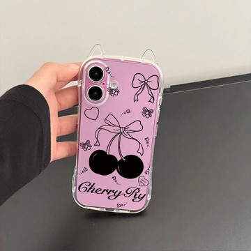 卡通貓耳簡約黑櫻桃手機殼 全包防摔新款保護殼 適用 iPhone18 17 16Pro 15ProMax