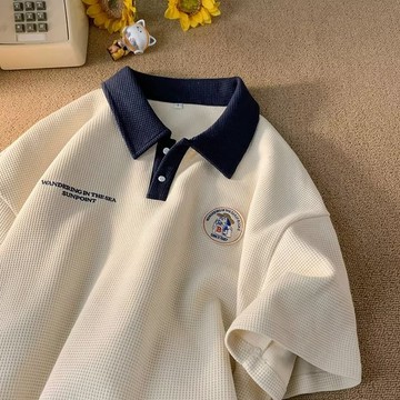 上衣短袖 韓版 polo衫 刺綉 短袖男 五分袖 華夫格 T賉 oversize 寬鬆T賉【Comoon _Shop】