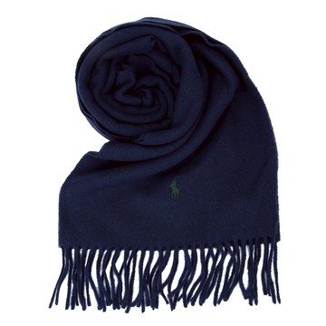 POLO Ralph Lauren刺繡小馬雙側流蘇羊毛圍巾(海軍藍)780933-3｜GoBrand購名牌