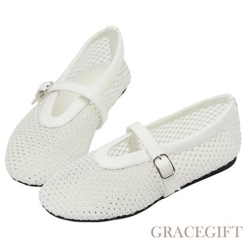 【Grace Gift】夢幻細鑽編織網面平底瑪莉珍鞋 白
