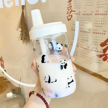 熊貓大容量水瓶 卡通刻度玻璃水杯 耐高溫吸管杯 果茶杯 冰飲杯 泡茶杯 戶外情侶水杯 奶茶杯子