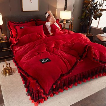 結婚慶大紅色法蘭絨四件套件秋冬季保暖雙面絨牛奶絨珊瑚絨水晶絨