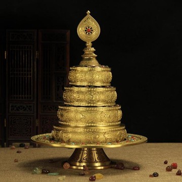 七寶曼扎盤藏傳佛教用品供品 精美雕刻純銅曼茶羅帶托盤 金色