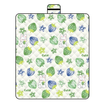 LoHoY 防水壓紋動物野餐墊 PEVA防水底 春亞紡+刺繡棉面料 加寬加大 摺疊手提設計  草莓兔  200 x 150cm  草莓兔 多色