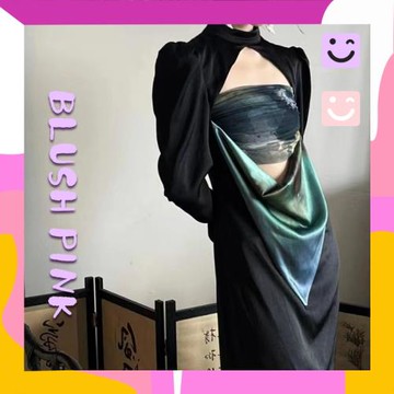 女裝新中式油墨畫印花連衣裙抹胸