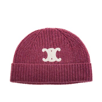 CELINE 新款羅紋羊絨TRIOMPHE刺繡貼片毛帽 (梅紅色)