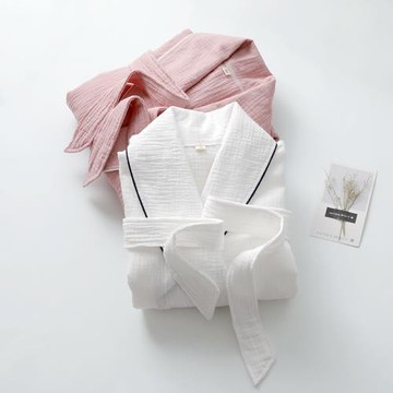 白色晨袍女士精梳純棉大碼寬腰帶系繩和服睡袍短袖家居浴衣袍薄款