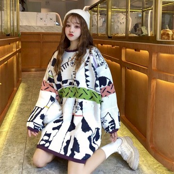 慵懶風毛衣女新款秋冬外穿針織寬松中長款套頭日系上衣潮