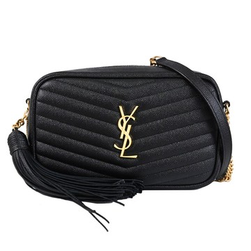 YSL 593330 LOU V型絎縫魚子醬皮革流蘇斜背包/晚宴包.黑