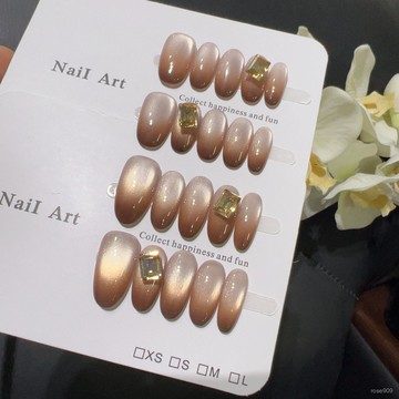 ➕最新設計款穿戴甲💅【暖棕金鑽】秋冬輕奢風金棕玻璃珠貓眼漸變立體水鑽顯白百搭美甲短橢圓穿戴甲 QG3L