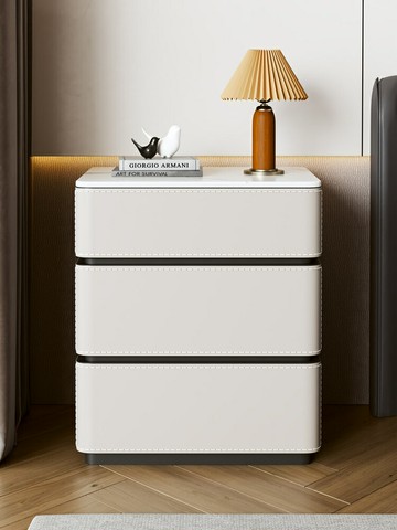 馬鞍皮床頭櫃 巖板現代簡約意式極簡家用臥室2025新款床邊三抽斗櫃