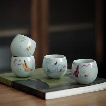 汝窯品茗杯四大美人主人杯陶瓷功夫茶具單杯四個禮盒裝家用個人杯