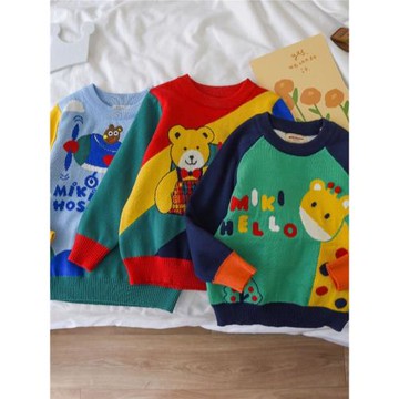 日系外貿miki24春秋新款男女寶兒童可愛拼色雙層純棉小熊套頭毛衣