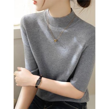 夏季2025新款高級感灰色半高領五分袖針織衫女裝法式內搭打底上衣