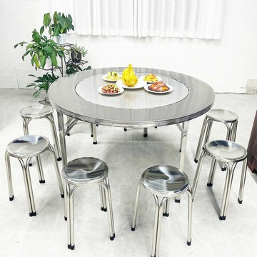 不銹鋼大圓桌帶轉盤飯店餐桌不銹鋼折疊桌免安裝流動酒席圓桌子