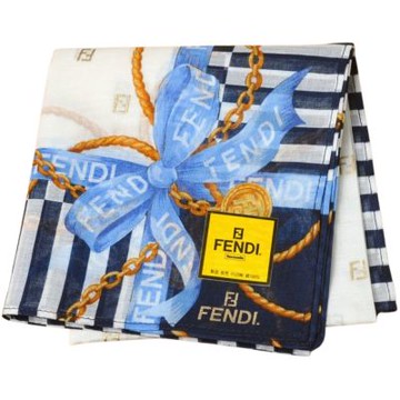 FENDI 經典雙 F 標誌蝴蝶結金鍊圖騰字母LOGO帕巾(米白底藍結/46CM)