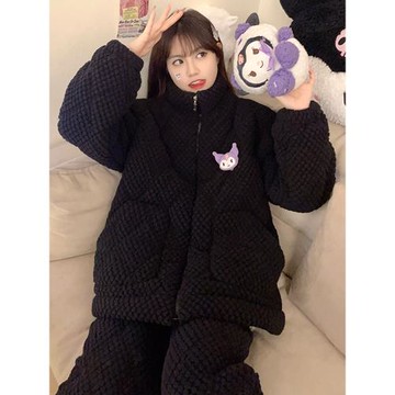 三層夾棉襖睡衣女黑色冬款珊瑚絨加絨加厚秋冬季法蘭絨冬天家居服