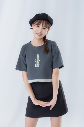撞色短版Crop Top-黑拼灰101