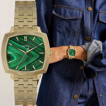 FOSSIL x Nick Jonas 聯名 Machine Luxe系列 孔雀石大三針方形手錶-37mm LE1217