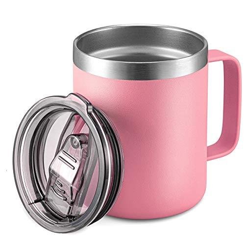 12オンス ステンレススチール 断熱コーヒーマグ ハンドル付き 二重壁真空トラベルマグ タンブラーカップ スライド式蓋付き ピンク