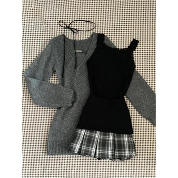 2025新款學院風v領毛衣半身裙子套裝百褶裙女秋季職業穿搭一整套