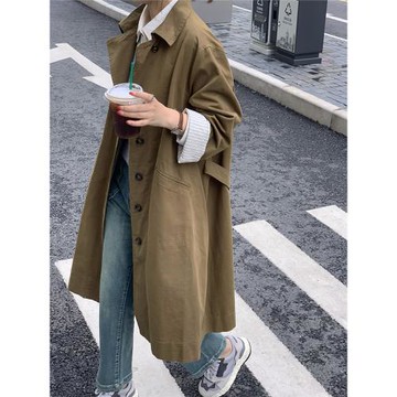 ELINSU 軒軒自制  文藝韓版中長款風衣外套女春秋季單排扣大衣