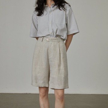 雨露亞麻復古短褲 | 直筒卷邊西裝褲版型 | 夏季休閒高腰五分褲