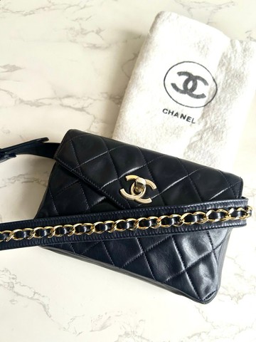 Chanel黑藍色金扣單肩包 腰帶包 古董包 側背包 中古二手包 小包